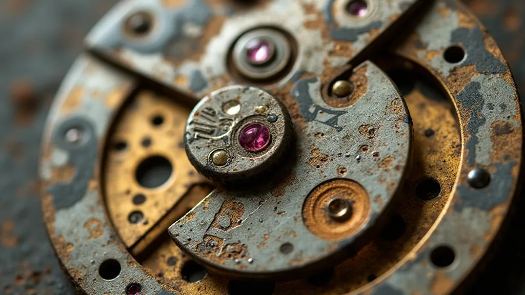 Vintage watch movement with corroded markings.