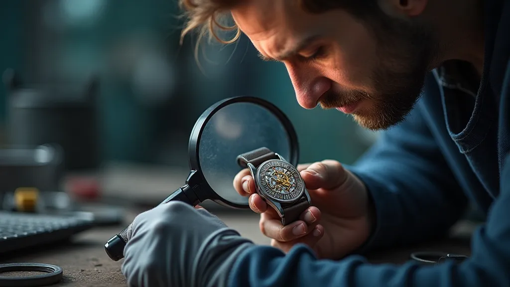 Watchmaker examining a modern watch movement