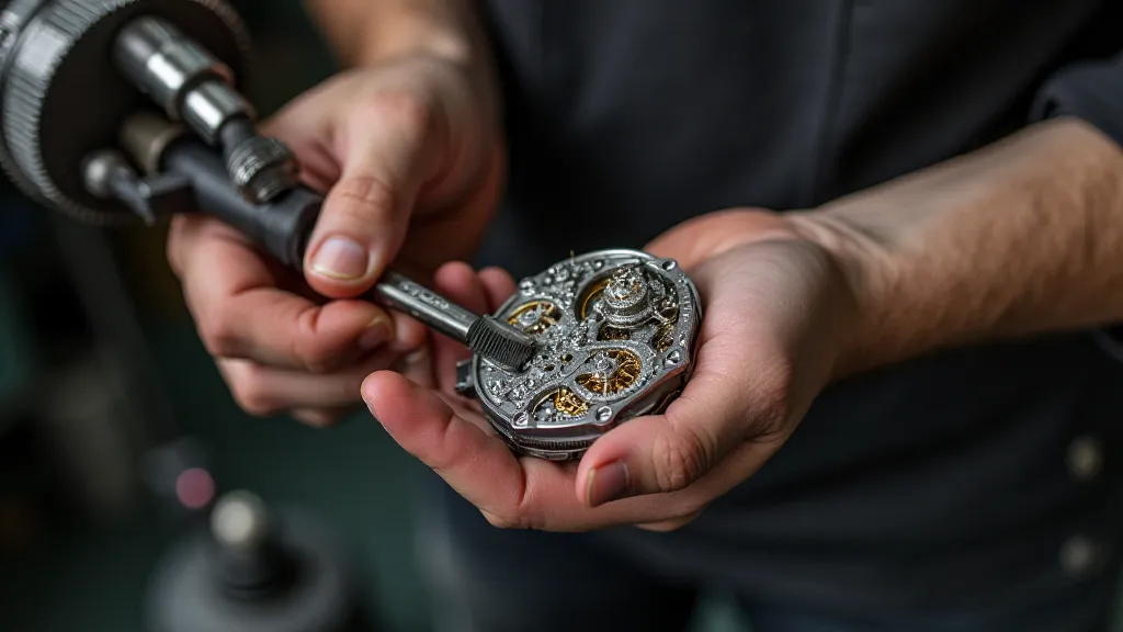 Watchmaker servicing a mechanical watch movement