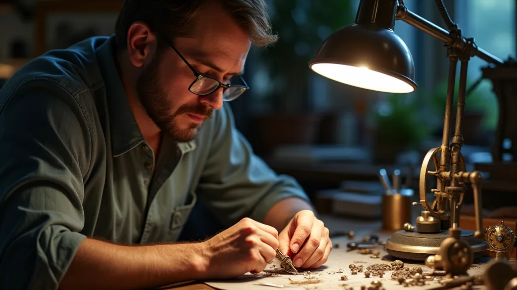Watchmaker examining a vintage movement