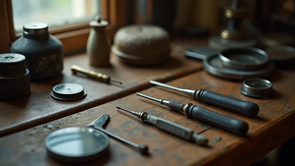 Vintage watchmaker's tools arranged on a workbench.